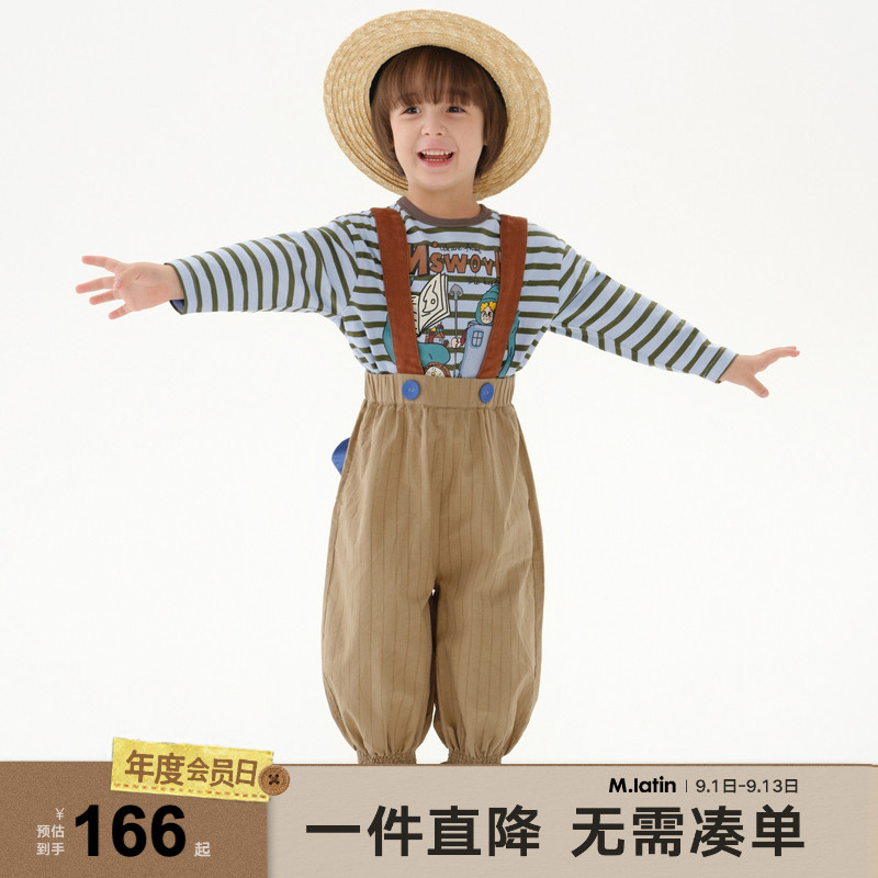 马拉丁童装裤子25春装新款男女童小童撞色肩带趣味后口袋背带裤图片