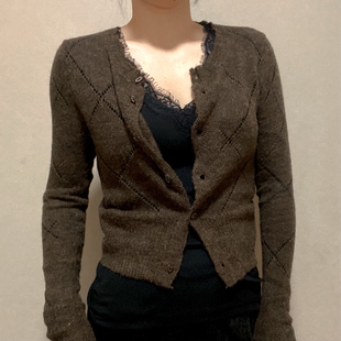 女秋冬毛衣外套修身 lover马海毛复古菱格纹针织开衫 jijie miss