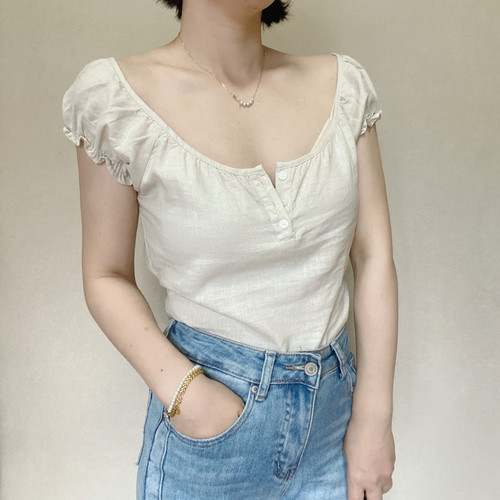 miss jijie lover韩版复古苎麻甜美泡泡袖修身短袖T恤女上衣