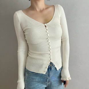 法式 lover 温柔实拍V领坑条针织衫 长袖 显瘦纯色 miss 修身 jijie