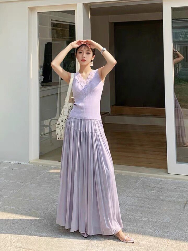 超仙温柔流光裙气质拼接半身裙女夏季垂感长裙丝光感优雅防晒裙