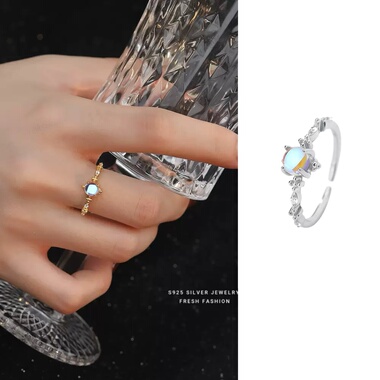 月光之舞｜新品S925纯银天然石镶钻戒指女法式精致开口可调节食指