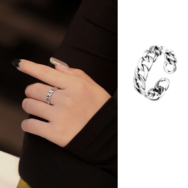 交织｜情侣戒指S925纯银泰银复古做旧开口麻花链条嘻哈朋克食指环