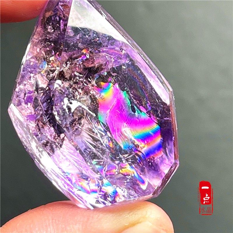 天然阿赛斯特莱梵天透体紫水晶七彩光虹原石吊坠情侣毛衣链项链