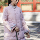 3391大吉新款 绣花上衣外套女宽松直筒薄羽绒服 长袖 立领中式 长款