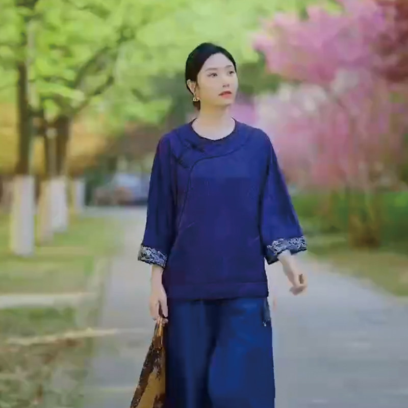 2025原创设计民族风春季新款中式春秋蓝色T恤宽松薄款衬衣小衫女