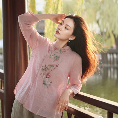 3502新中式苎麻刺绣盘扣上衣女春秋季改良茶服文艺复古长袖衬衫