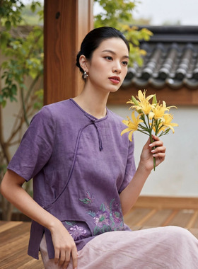 3485新中式苎麻刺绣盘扣上衣女春秋季改良茶服文艺复古长袖衬衫
