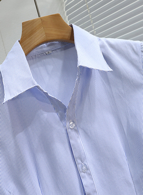 春夏季短袖蓝色条纹职业女衬衫加大码胖mm显瘦OL工作服衬衣