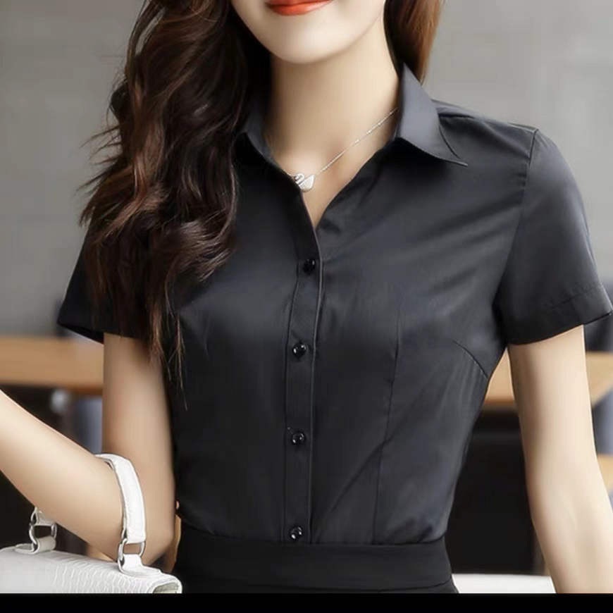 黑色纯蓝色衬衫修身收腰短袖职业工装上班长袖女衬衣棉V领大码