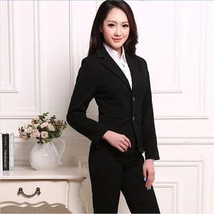 春秋女士职业长袖套装面试工作服正装西装二件套纯黑色西服外套