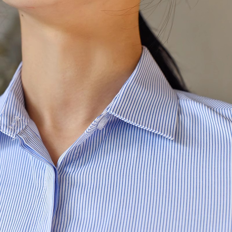 春夏短袖衬衫正装领职业上班工装蓝色条纹修身平领暗扣暗门襟衬衣