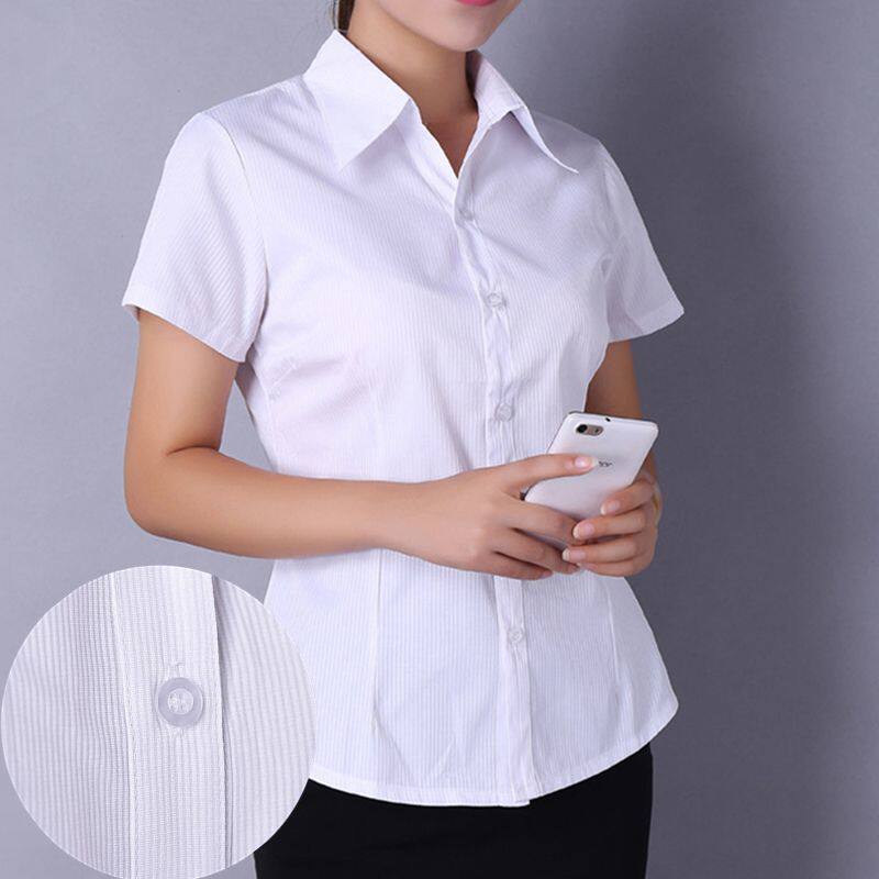 纯白色暗条纹衬衫女短袖春夏工装上班职业衬衣加大码长袖工作服