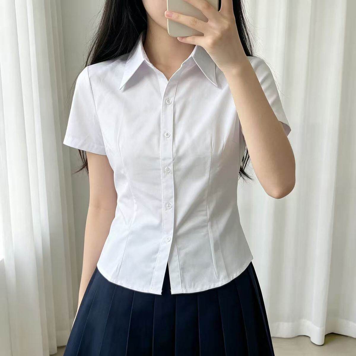 春夏面试正装纯白长袖衬衫修身通勤职业装工装短袖女大码衬衣方领