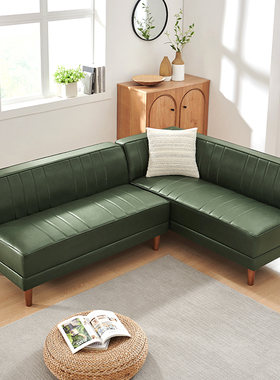 北欧客厅墨绿色卡座转角组合日式现代简约无扶手办公室左右皮沙发