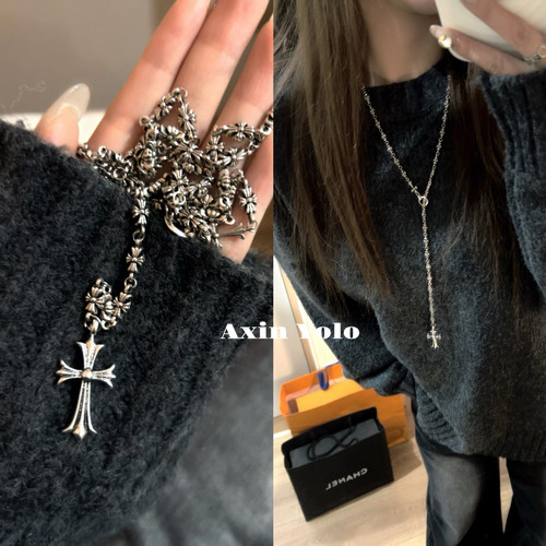 罗心做旧十字架项链银色毛衣链