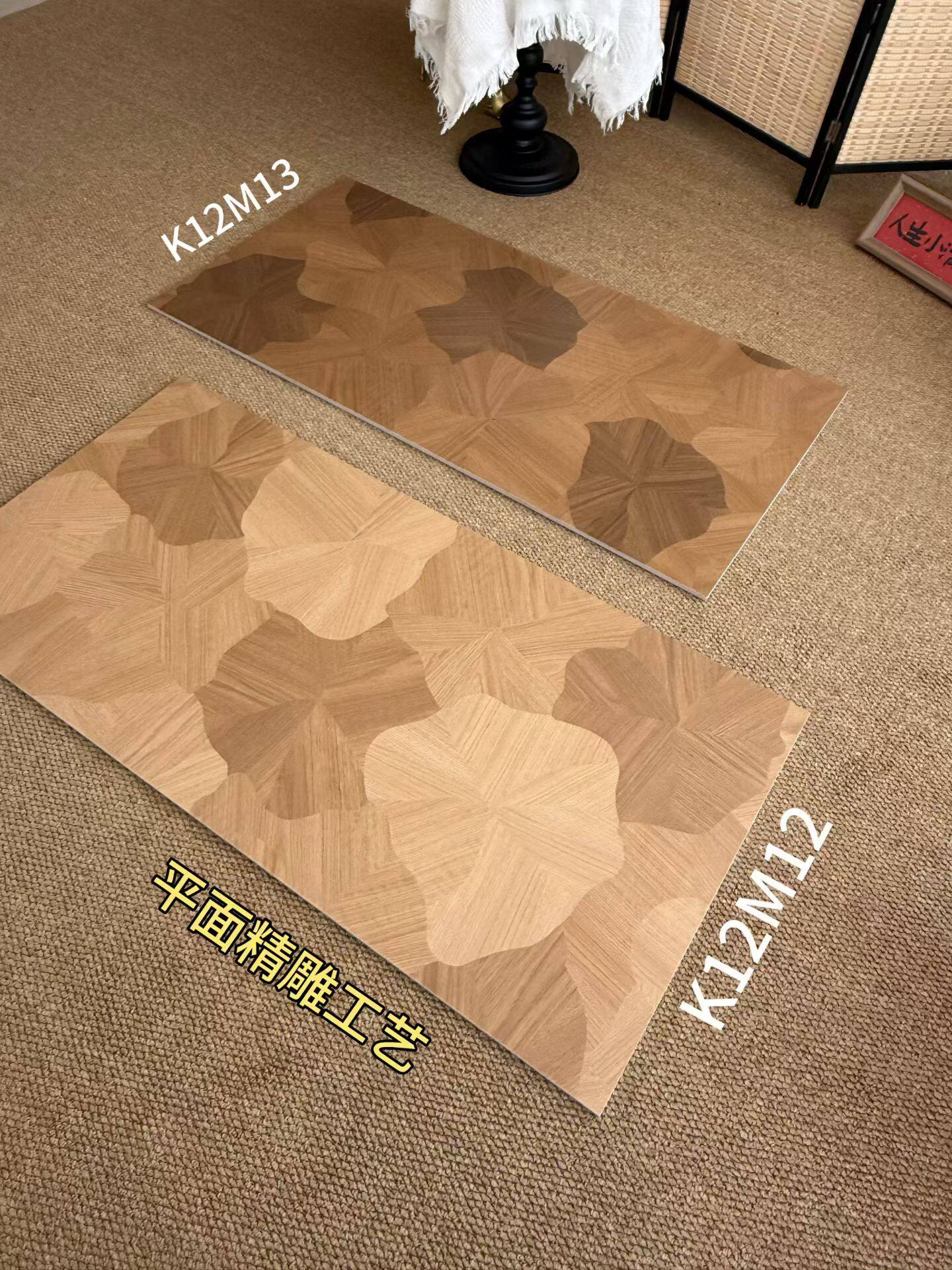 复古拼接精雕中古风异形荷叶木纹砖600x1200浅色法式房间防滑地砖