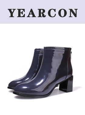 意尔康羽绒棉真皮冬季新款女短筒靴加厚方头粗高跟韩版百搭时装潮