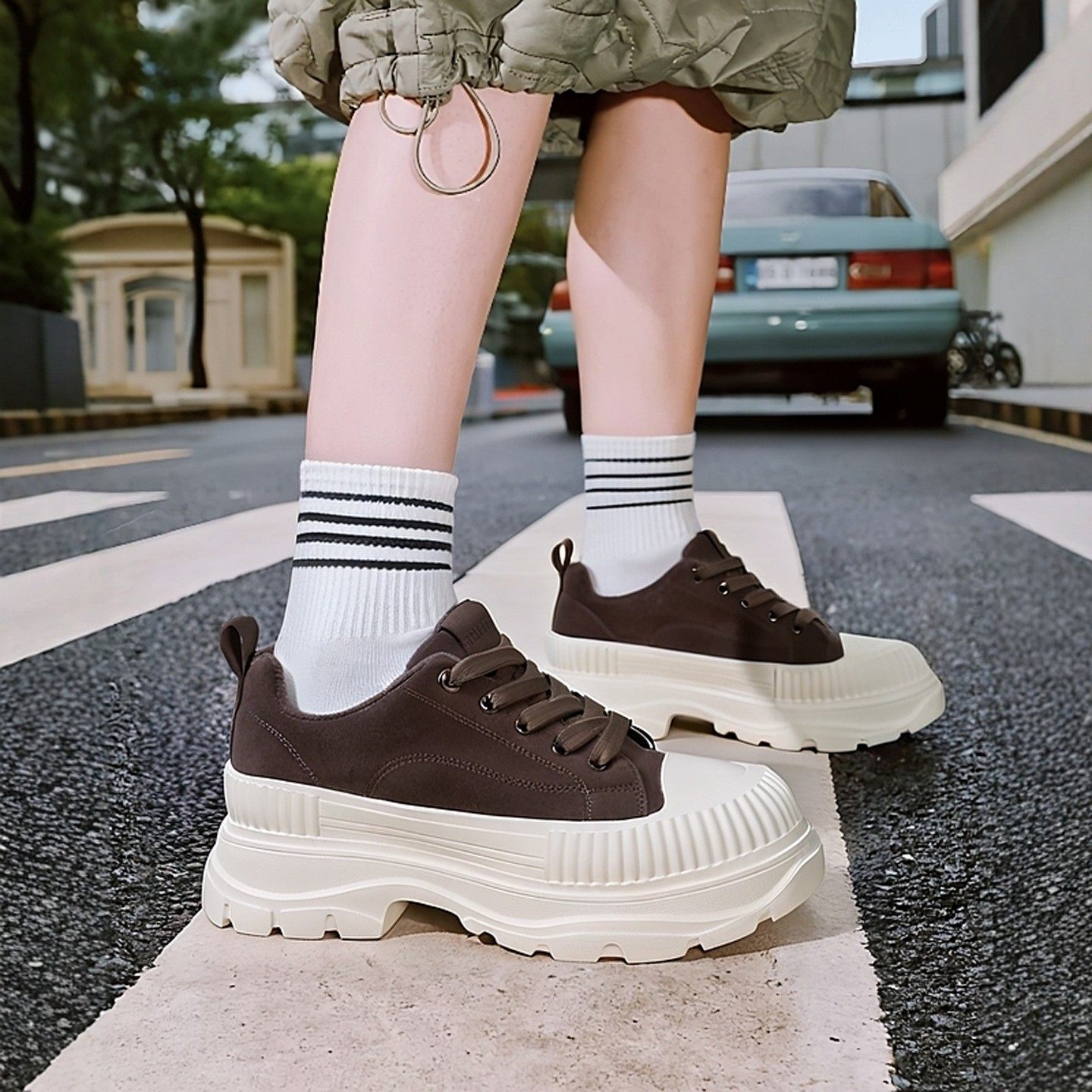 真皮牛皮加绒保暖韩版厚底松糕鞋女小个子增高休闲鞋棕色绑带圆头