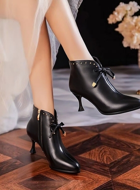 意尔康真皮牛皮ol显瘦尖头细跟时装短靴秋冬新款高跟牛皮靴子女