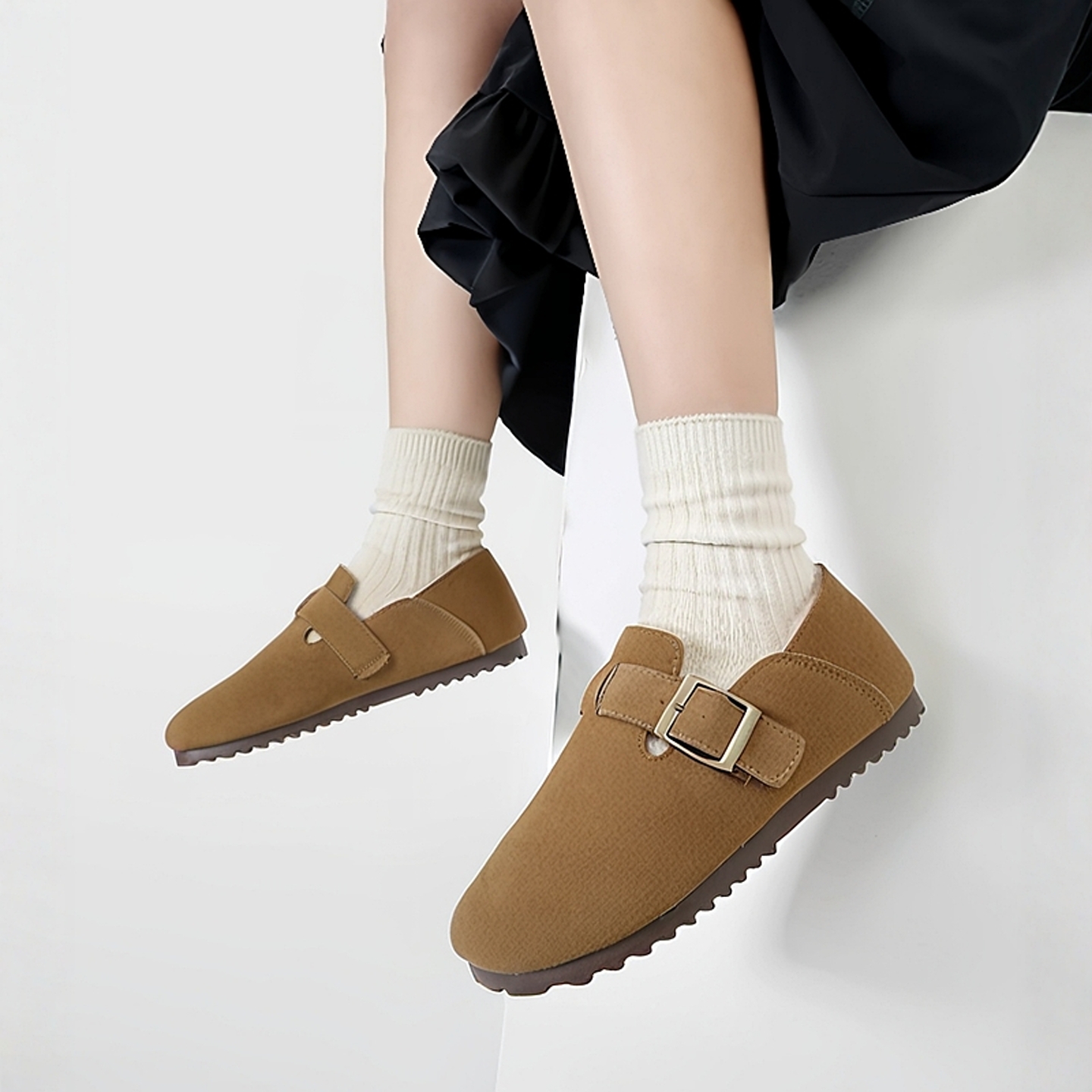 加绒软底勃肯鞋女皮带扣单鞋