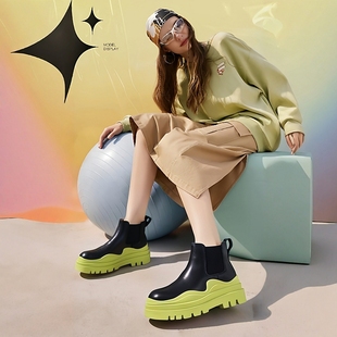 豆豆屋真皮牛皮厚底马丁靴女冬季 短靴增高切尔西靴炸街炸色短靴