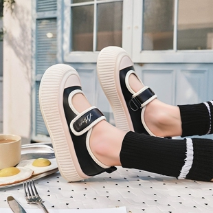 女魔术贴松糕底休闲小白鞋 厚底玛丽珍鞋 真皮牛皮韩版 瑕疵晕色