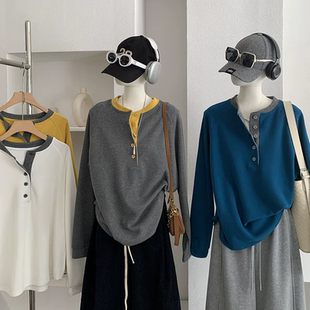 百搭打底衫 撞色半开口假两件长袖 时尚 套头卫衣春季 上衣 宽松中长款