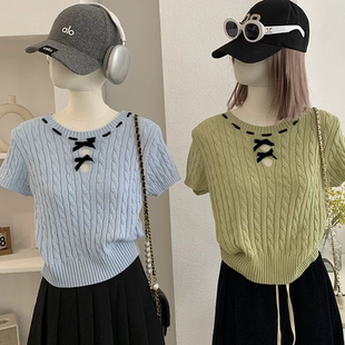 修身 小个子麻花立体蝴蝶结短袖 新款 春季 显瘦温柔风毛衣女 针织衫