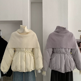 收腰系带长袖 新款 外套 泡芙羽绒服2025冬季 设计感针织披肩中长款