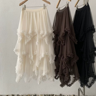 网纱蓬蓬裙不规则木耳边松紧高腰中长款 仙女裙气质半身裙女