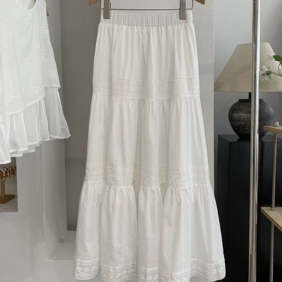白色棉质半身裙女2026夏季新款简约文艺高腰拼接蕾丝大摆A字长裙