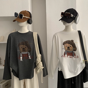 韩系微胖女装 卡通小狗围巾长袖 T恤上衣春季 内搭打底衫 宽松内大版