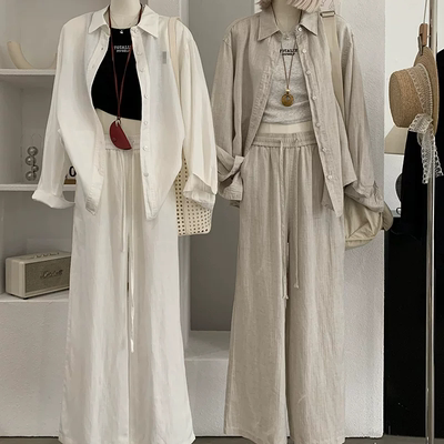 2026夏季薄款高级感简约棉麻老钱风中长款衬衫外套阔腿长裤两件套
