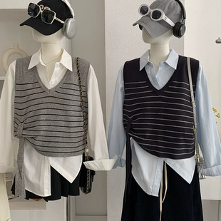 V领撞色条纹设计感宽松针织马甲女春季 背心小众坎肩潮 叠穿无袖