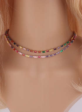 外贸彩色锆石项链 多彩多色爪链 水钻链 女彩虹满钻颈链流行饰品