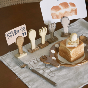 一颗松果居 自制手作陶瓷便签夹摆件可爱勺子叉子造型架陶器摆件