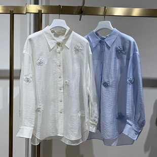 2026春季百搭宽松蓝色花朵刺绣衬衫上衣女1H3120112G/1H3120111G