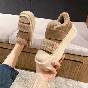 欧洲站2025冬季新款羊毛毛鞋女加绒保暖棉鞋真皮厚底板鞋女休闲鞋
