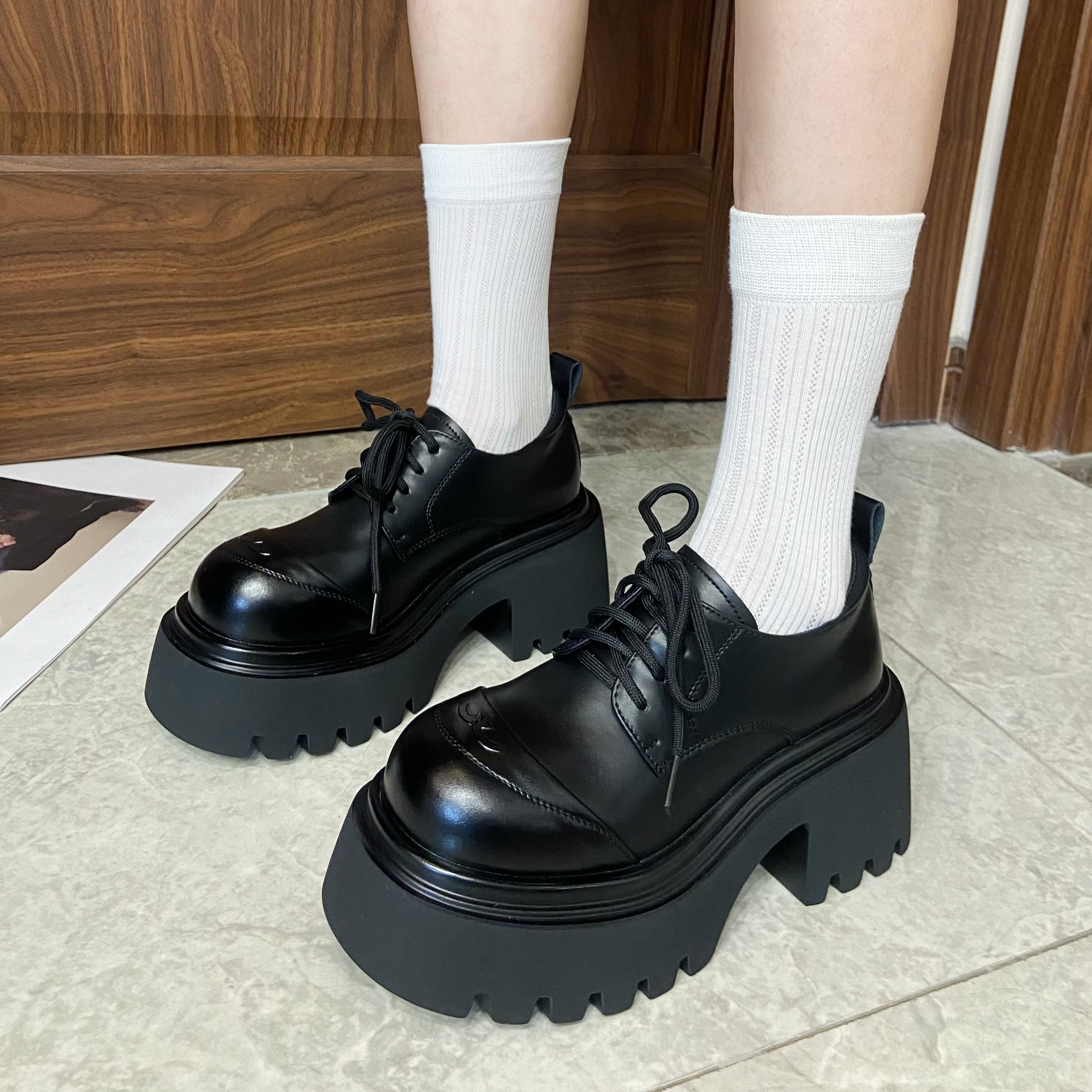 真皮厚底增高8cm系带乐福鞋女2026春季新款百搭小个子小皮鞋单鞋
