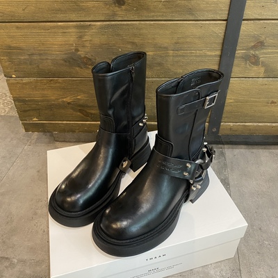 厚底马丁靴女2024秋季新款百搭黑色皮带扣粗跟短靴英伦西部牛仔靴