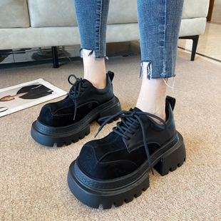 真皮厚底增高加绒乐福鞋女2025冬季新款百搭英伦风系带德比鞋单鞋