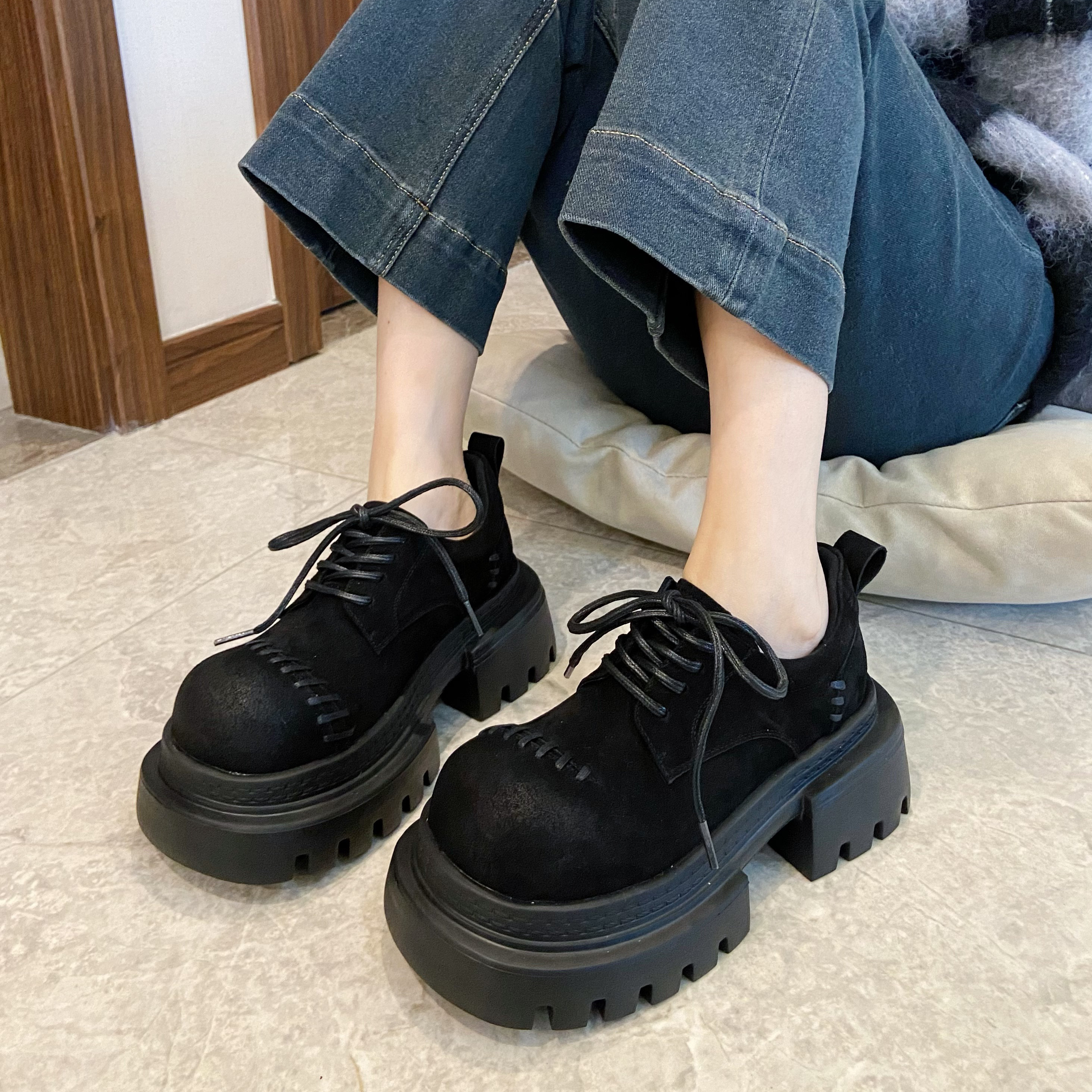 真皮厚底增高加绒乐福鞋女2025冬季新款英伦风百搭系带大头鞋单鞋