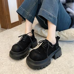 真皮厚底增高加绒乐福鞋女2025冬季新款英伦风百搭系带大头鞋单鞋
