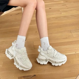 欧洲站2026春季新款白色气垫运动百搭增高透气重工厚底老爹鞋女款