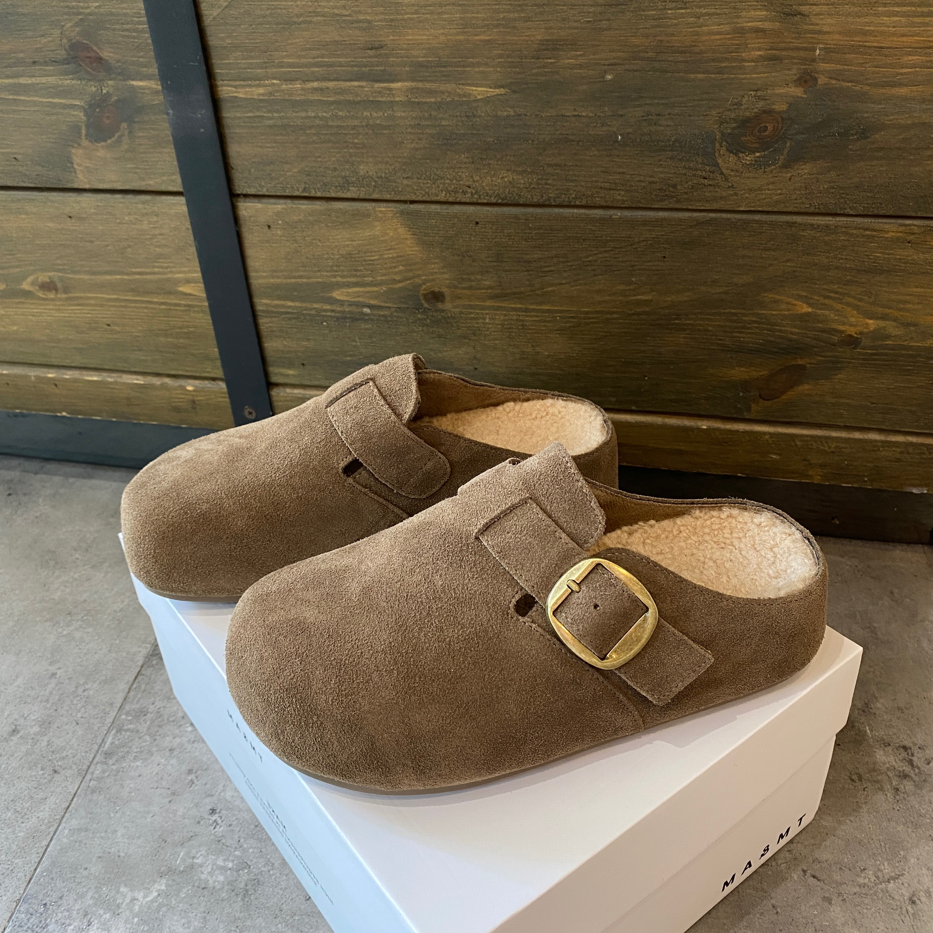 真皮厚底内增高加绒勃肯拖鞋女2025冬季新款百搭舒适包头毛毛棉拖