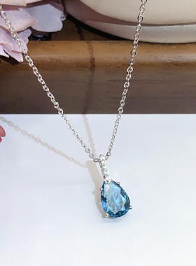 人鱼之泪项链海宝蓝新款合成蓝水晶吊坠水滴梨形欧美项饰品女高级