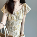 法式 天丝印花连衣裙女刺绣树叶收腰显瘦优雅裙子 甜美风 小飞袖
