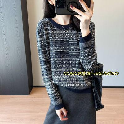秋意暖暖！羊毛混纺费尔岛毛衣经典几何提花圆领针织衫羊毛衫上衣