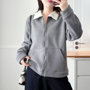 【特】2026早春新款大码女加绒加厚翻领开衫保暖内搭外套上衣纯色